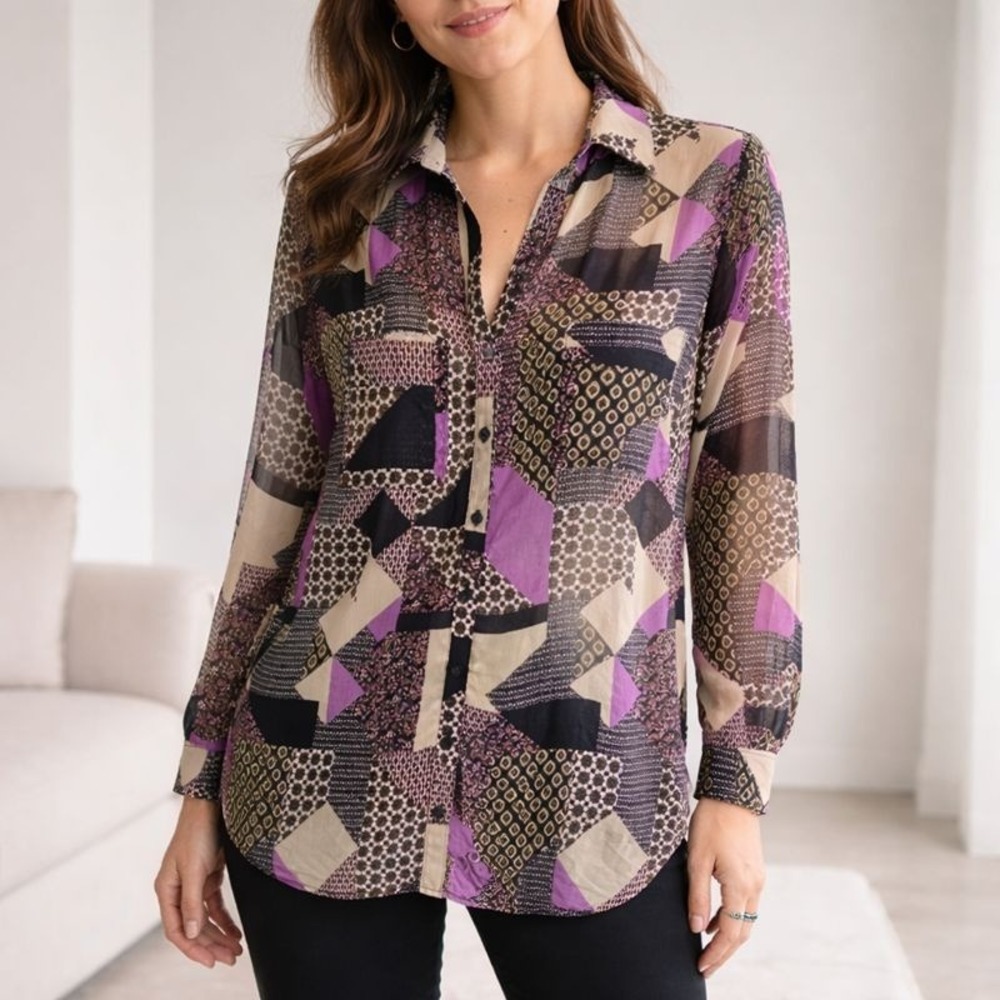 Pleione Sheer Patchwork Print Button-Up Blouse‎ | Purple & Black | Size Small